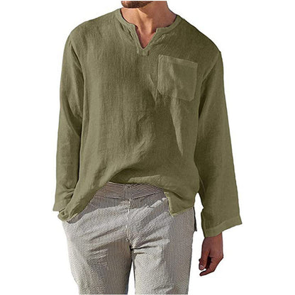 Chemise Homme Lin Manches Longues Élégante Poche Poitrine