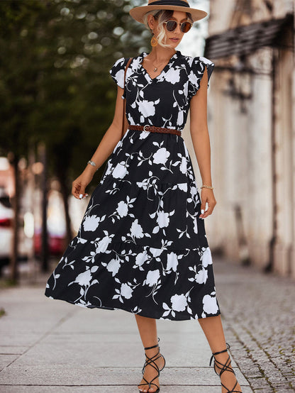 Robe midi femme à fleurs Volants Élégante Lacée