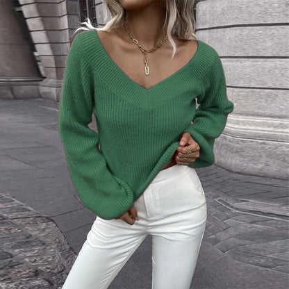 Pull en tricot pour femmes Col en V Manches trapèze Vêtements féminins tendance