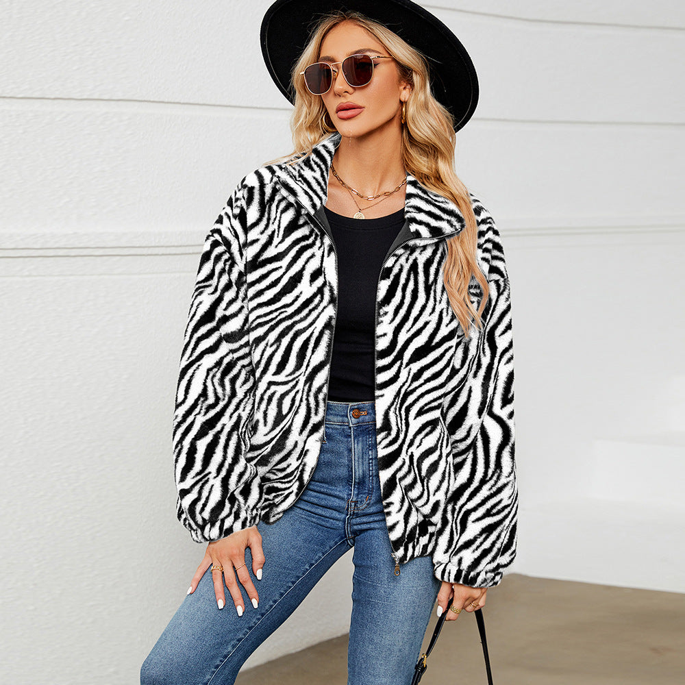 Veste en peluche pour femmes, motif zèbre, col montant, tendance