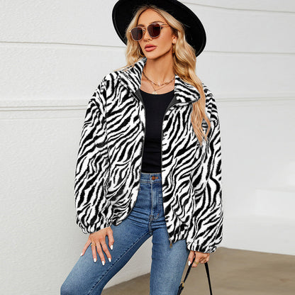 Veste en peluche pour femmes, motif zèbre, col montant, tendance