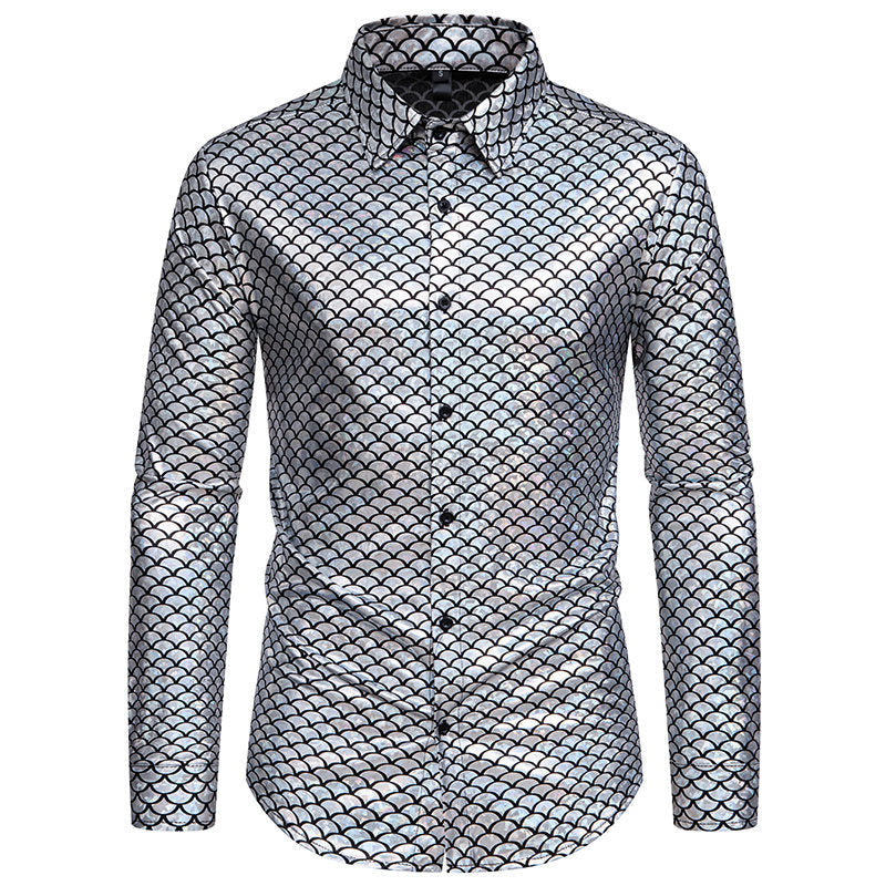 Chemise brillante à manches longues pour homme, motif écailles de poisson