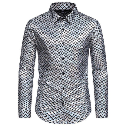 Chemise brillante à manches longues pour homme, motif écailles de poisson