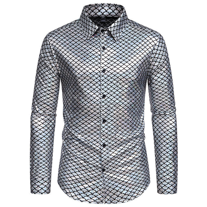 Chemise brillante à manches longues pour homme, motif écailles de poisson