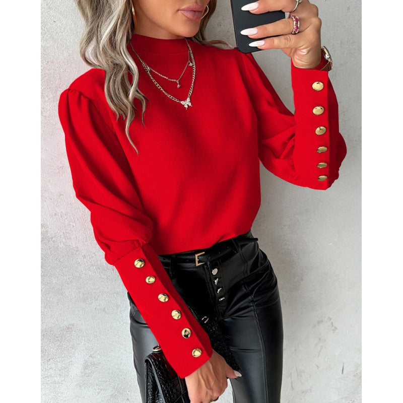Élégant chemisier femme manches bouffantes détails dorés