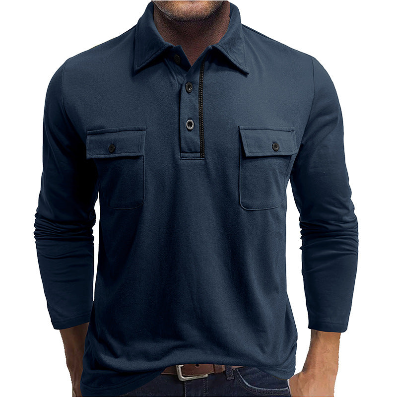Herren Poloshirt Baumwolle Langärmlig Klappentaschen - IdealeKleiden
