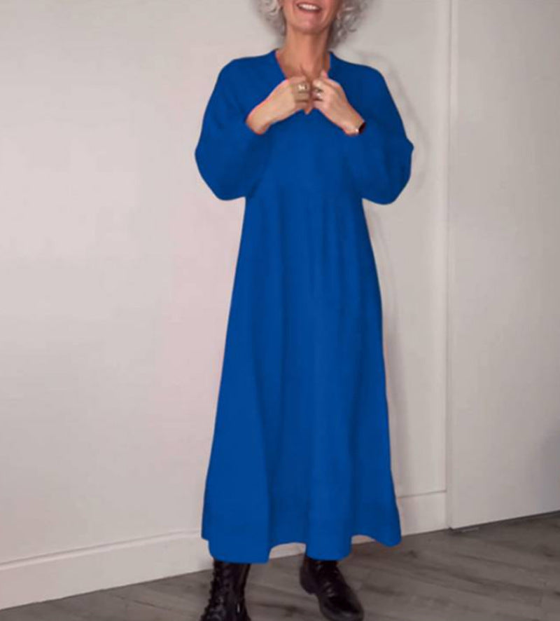 Robe longue élégante pour femme col en V manches longues