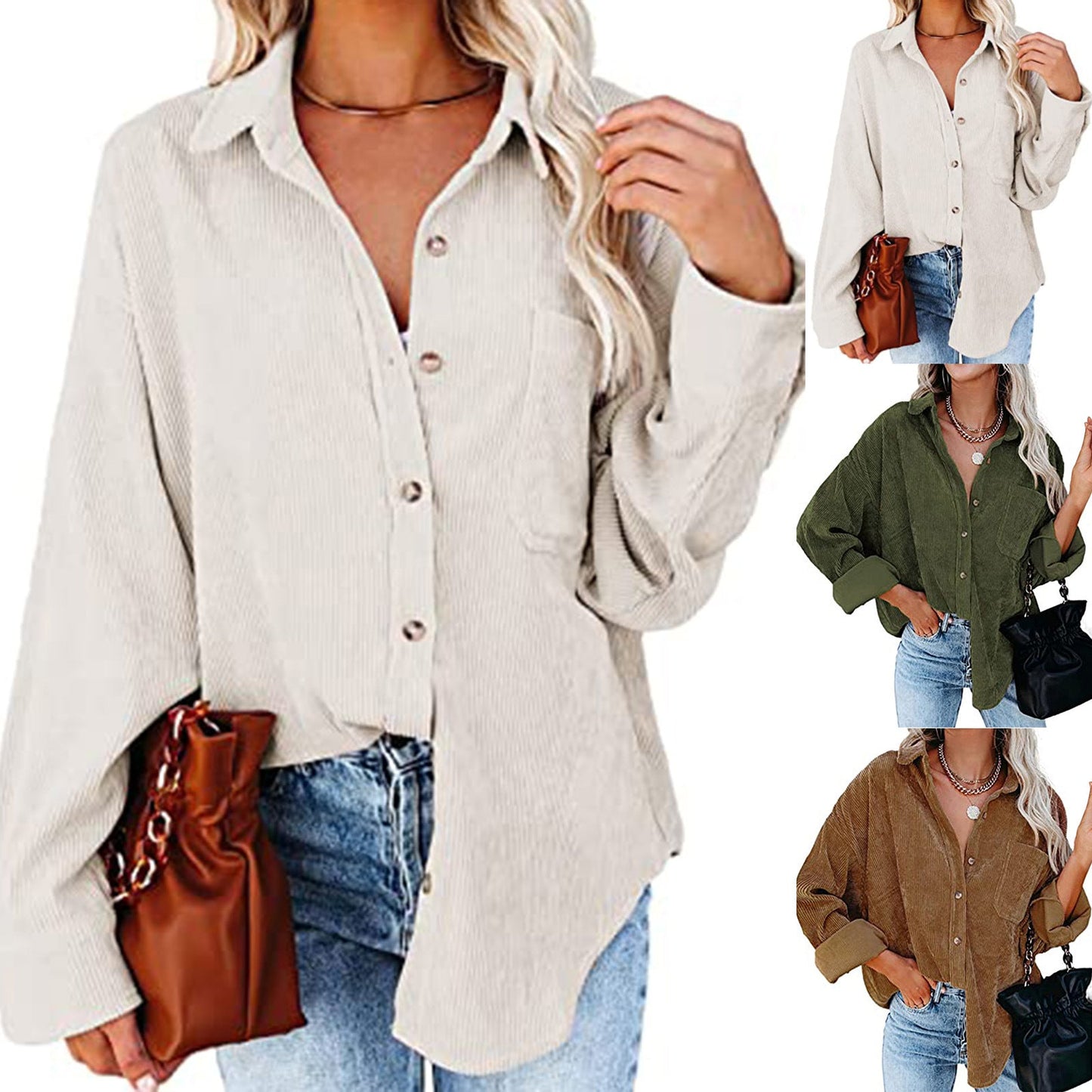 Damen Oversized Kordbluse Bequem Elegant - IdealeKleiden