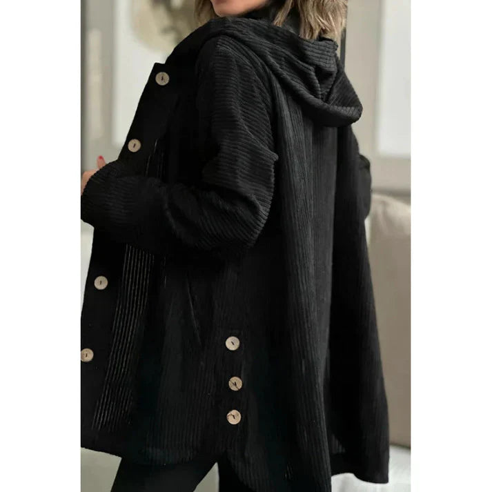 Veste en velours côtelé femme Capuche Boutons Mi-longue