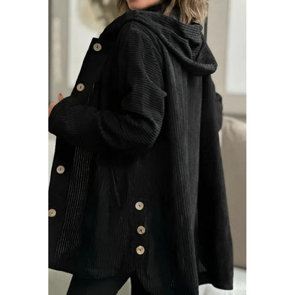 Veste à capuche en velours côtelé Confortable Mi-longue Boutons