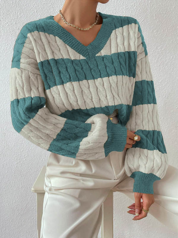 Pull en tricot pour femme col en V manches longues design élégant