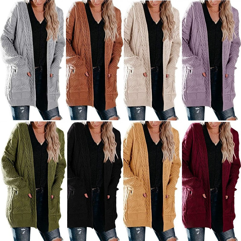 Damen Cardigan Grobstrick mit tiefen Taschen und Zopf Muster - IdealeKleiden