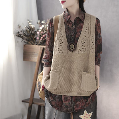 Gilet tricoté pour femme col en V avec poches design élégant