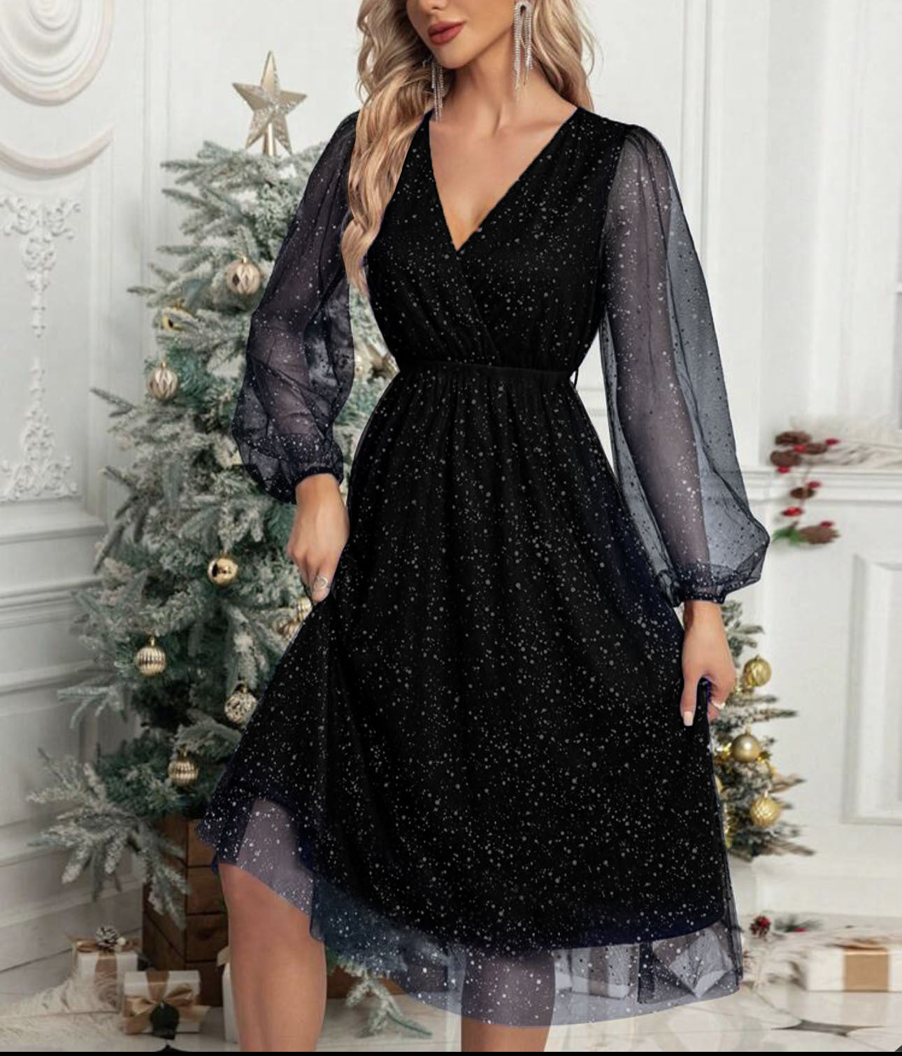 Robe de soirée scintillante pour femme avec manches bouffantes élégante