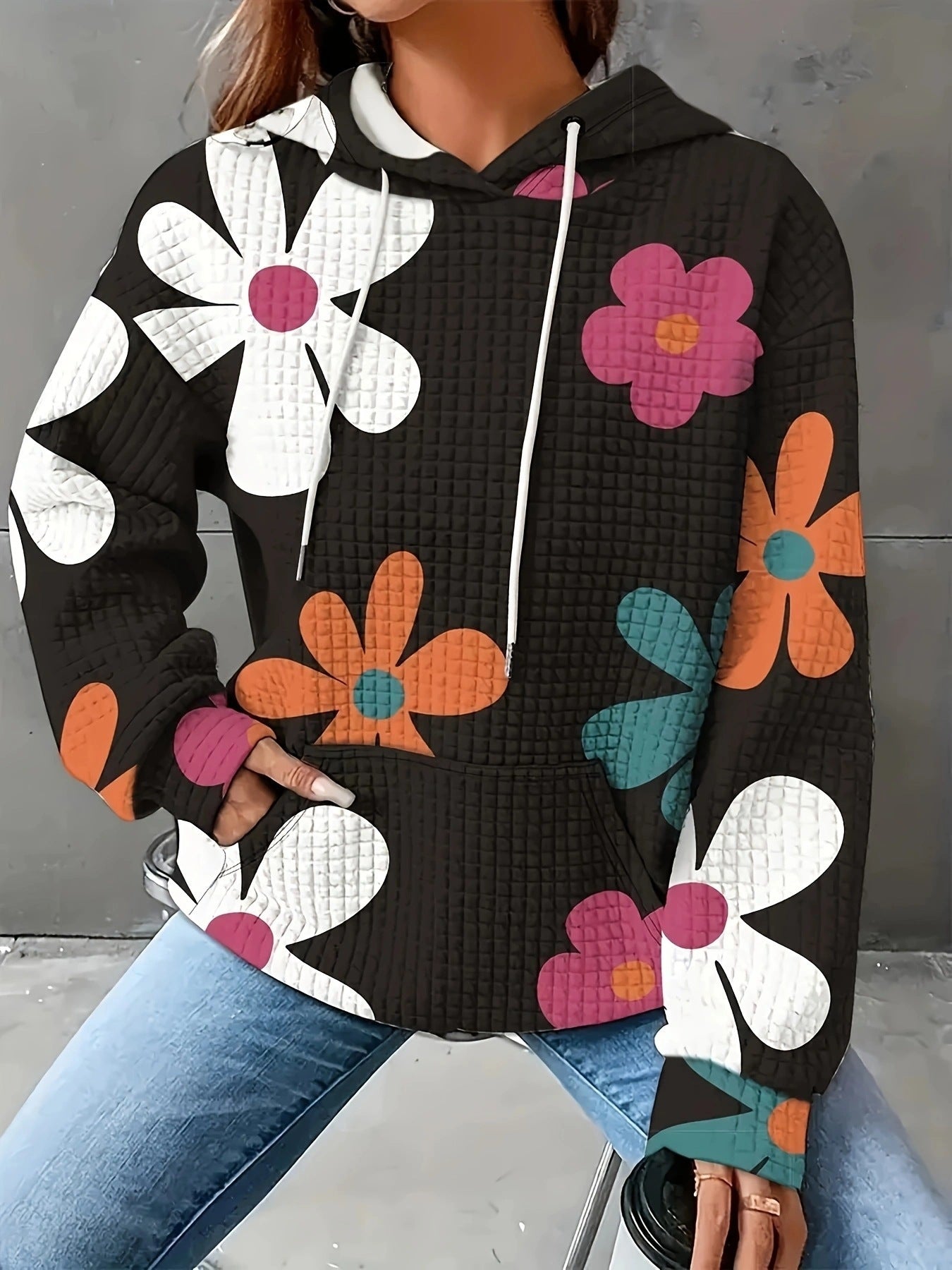 Pull pour femmes Motif floral Capuche Décontracté