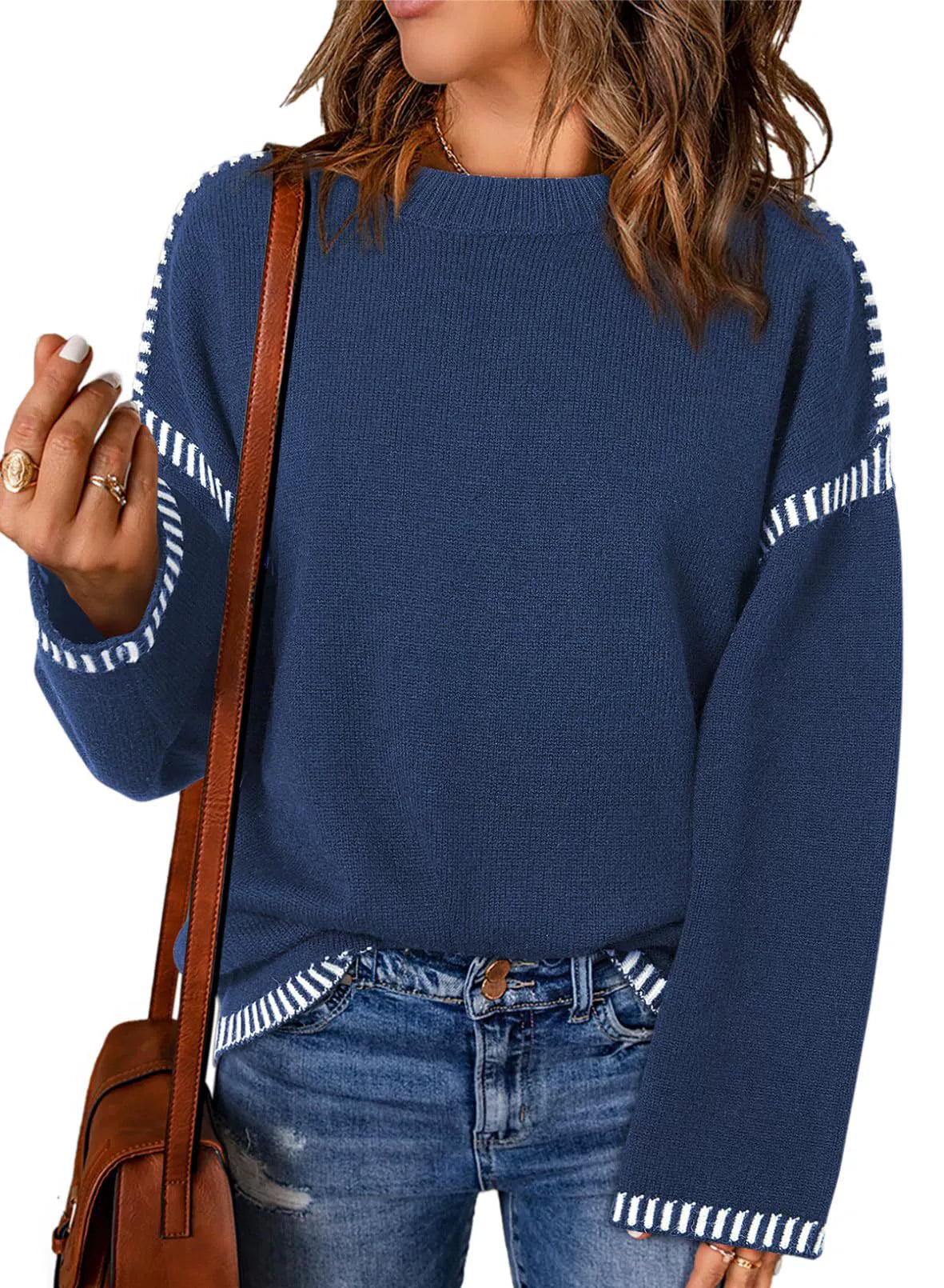 Vêtements amples pour femmes Col rond Tricot torsadé Manches longues Rayures