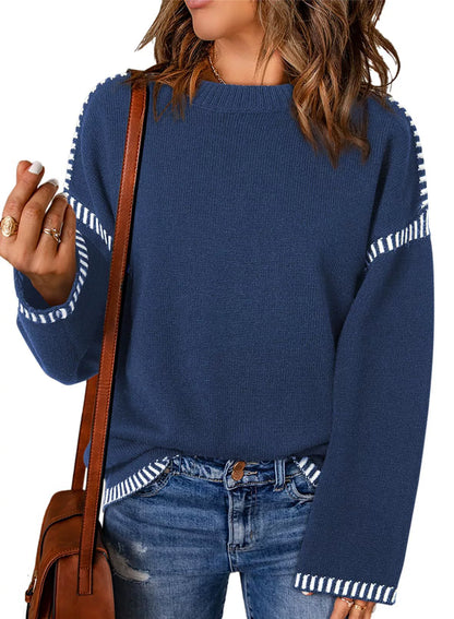Vêtements amples pour femmes Col rond Tricot torsadé Manches longues Rayures