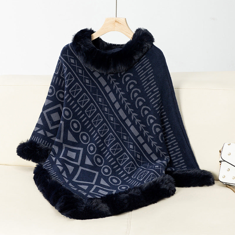 Poncho élégant pour femme, col en fausse fourrure, tendance