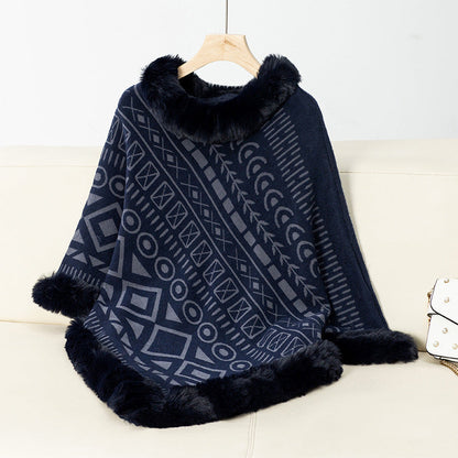 Poncho élégant pour femme, col en fausse fourrure, tendance