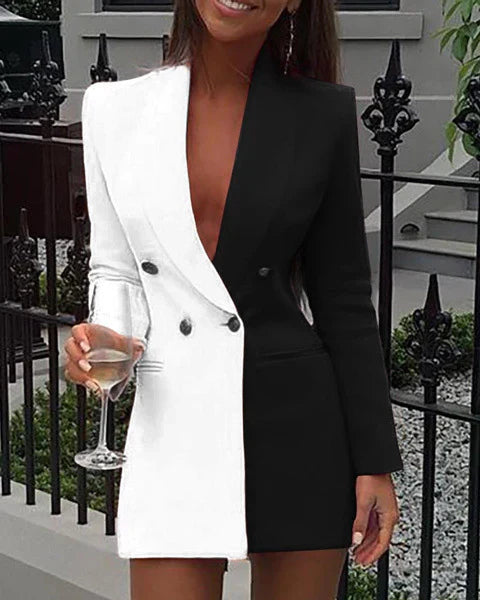 Frauen Blazer Kleid Taillierte Passform Zweifarbig V-Ausschnitt - IdealeKleiden