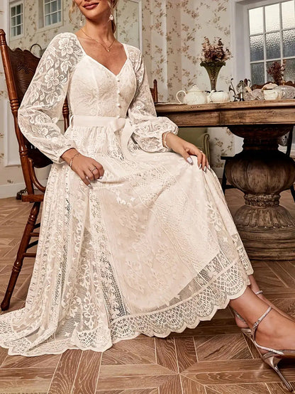 Robe élégante pour femme en dentelle, à manches bouffantes et taille cintrée
