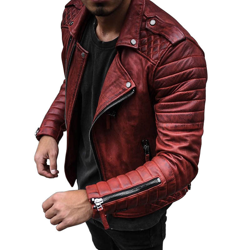 Blouson en cuir pour homme style motard robuste avec fermeture éclair