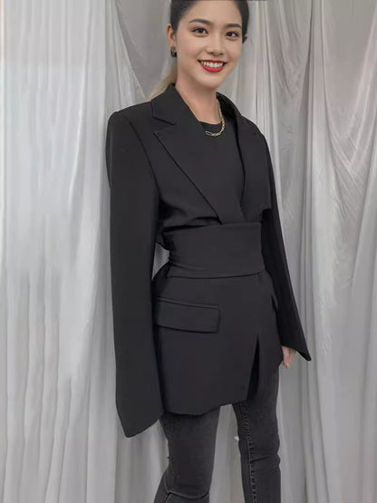 Damen Blazer Lang Elegant Schnitt Mit Taschen - IdealeKleiden