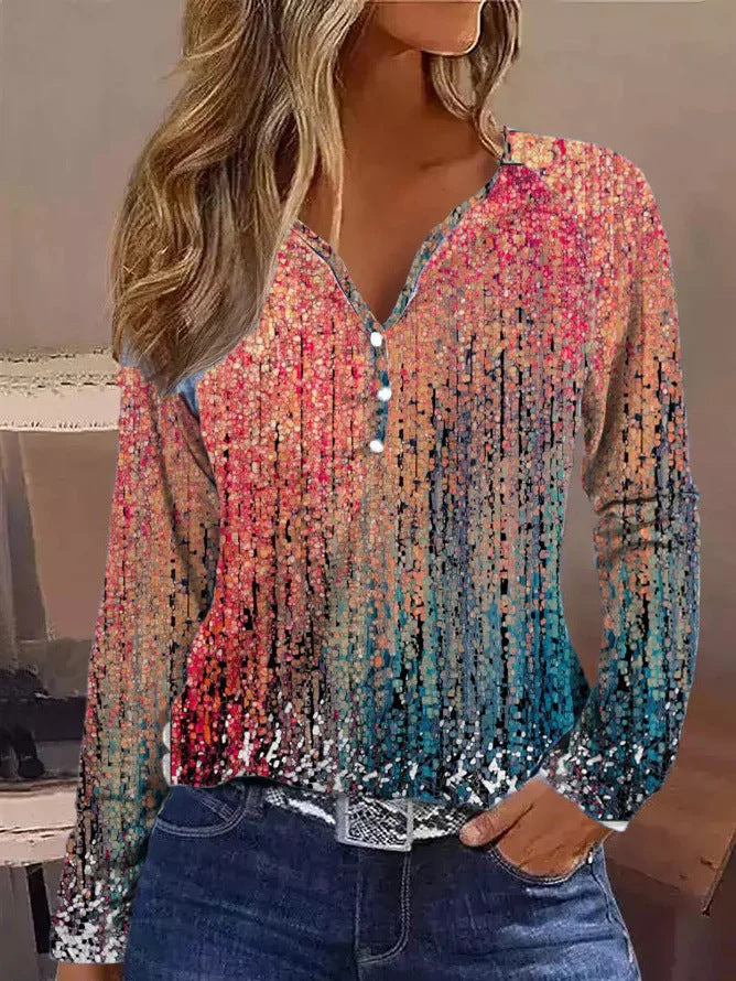 T-shirt à manches longues élégant dégradé de couleurs boutons pour femme
