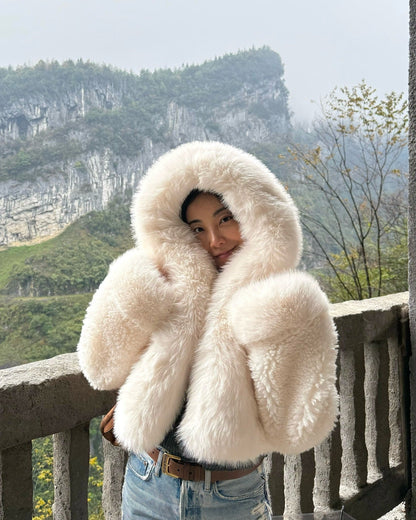 Veste en fausse fourrure de luxe pour femme, veste d'hiver à capuche