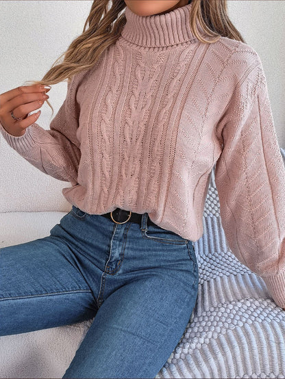 Pull tricoté col montant motif tressé pour femmes