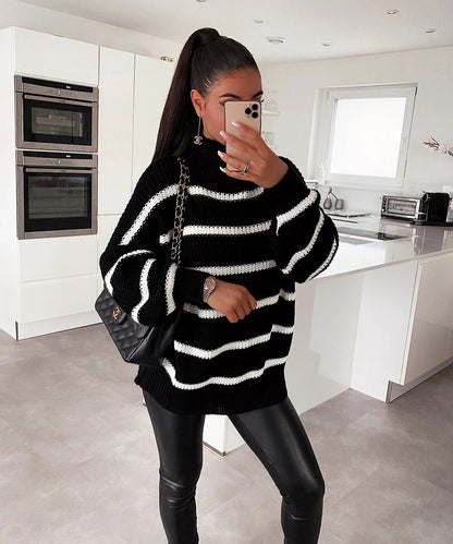 Pull oversize femme rayé col roulé moderne