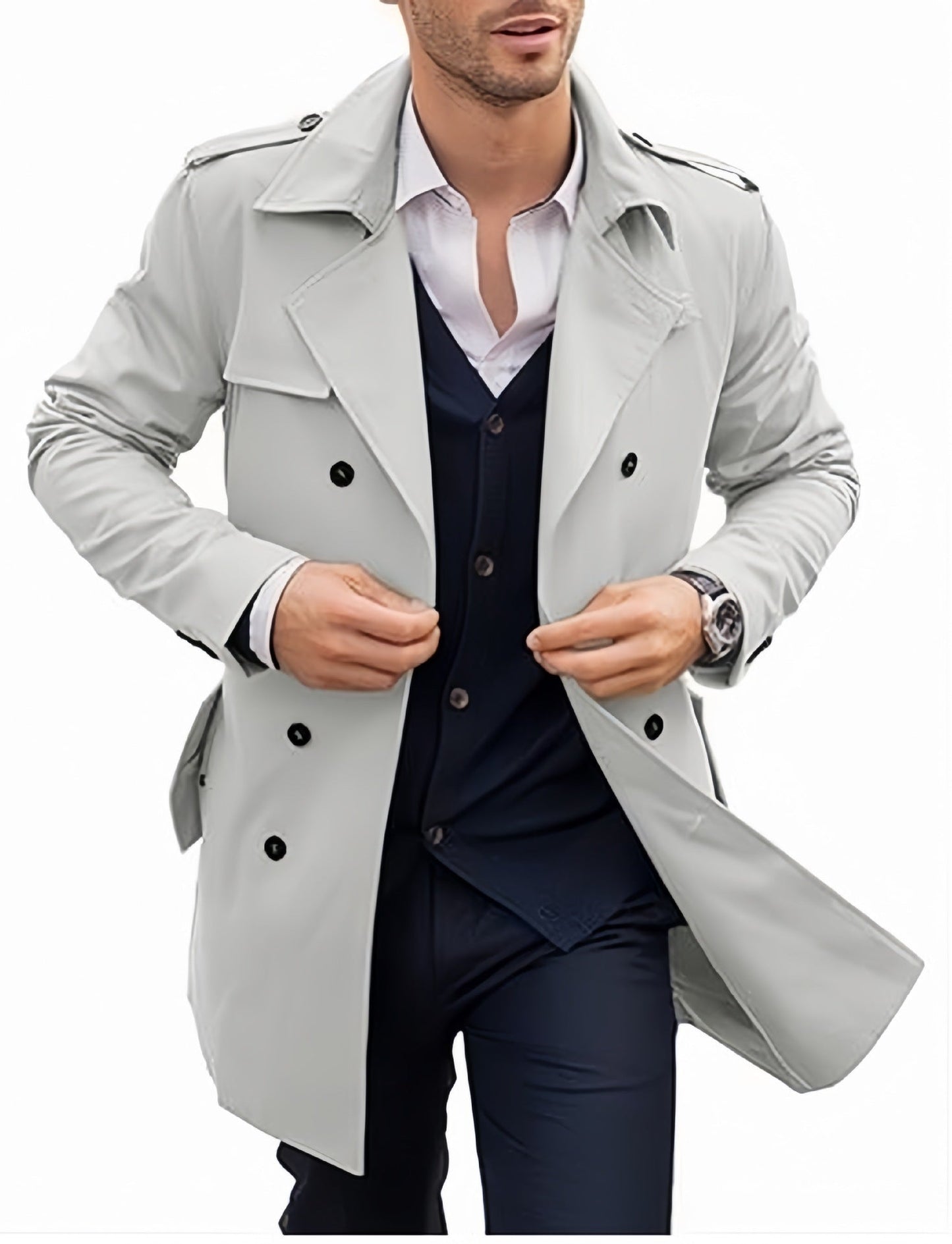 Trench-coat homme élégant texturé, boutons à double boutonnage