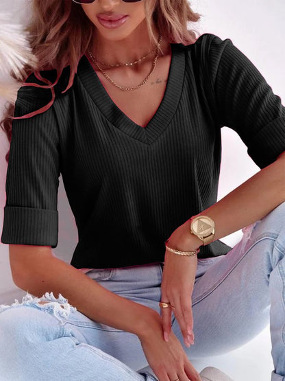 Haut pour femme col en V manches courtes avec motif côtelé vêtements d'été