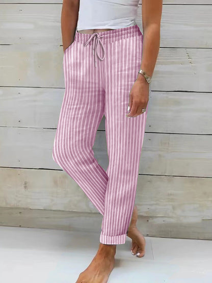 Femmes Pantalon confortable en coton à rayures Taille élastique