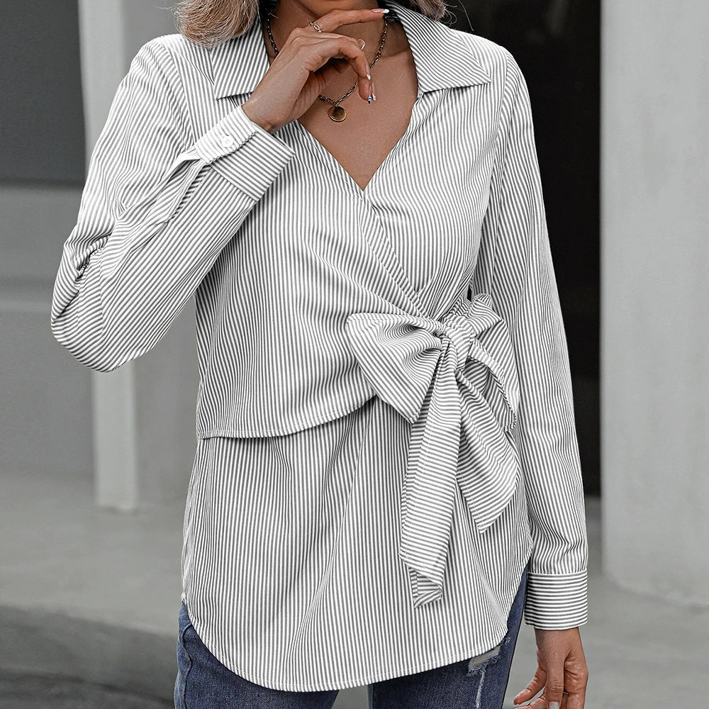 Vêtements élégants pour femmes | Robe à manches longues slim avec ceinture, motif à rayures en coton