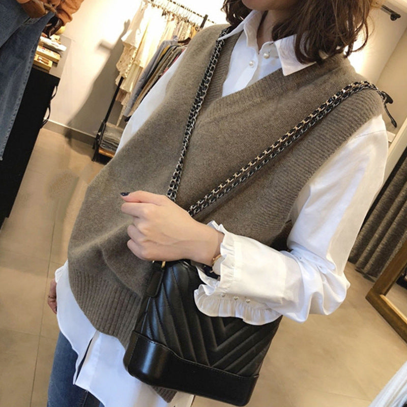 Gilet tricoté sans manches col en V pour femme Tendance