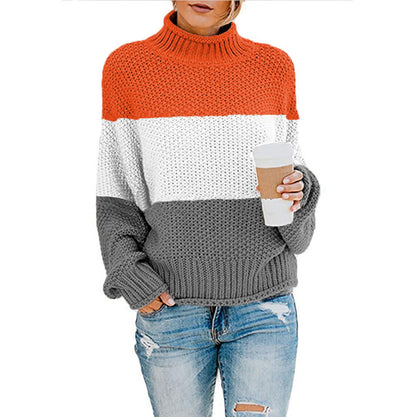 Pull Femme Gros Tricot Col Haut Moderne Color Block