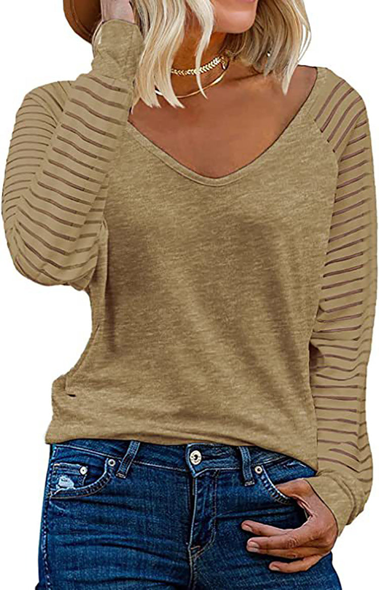 Haut Femme Manches Longues Col V Rayures Manches Tendance