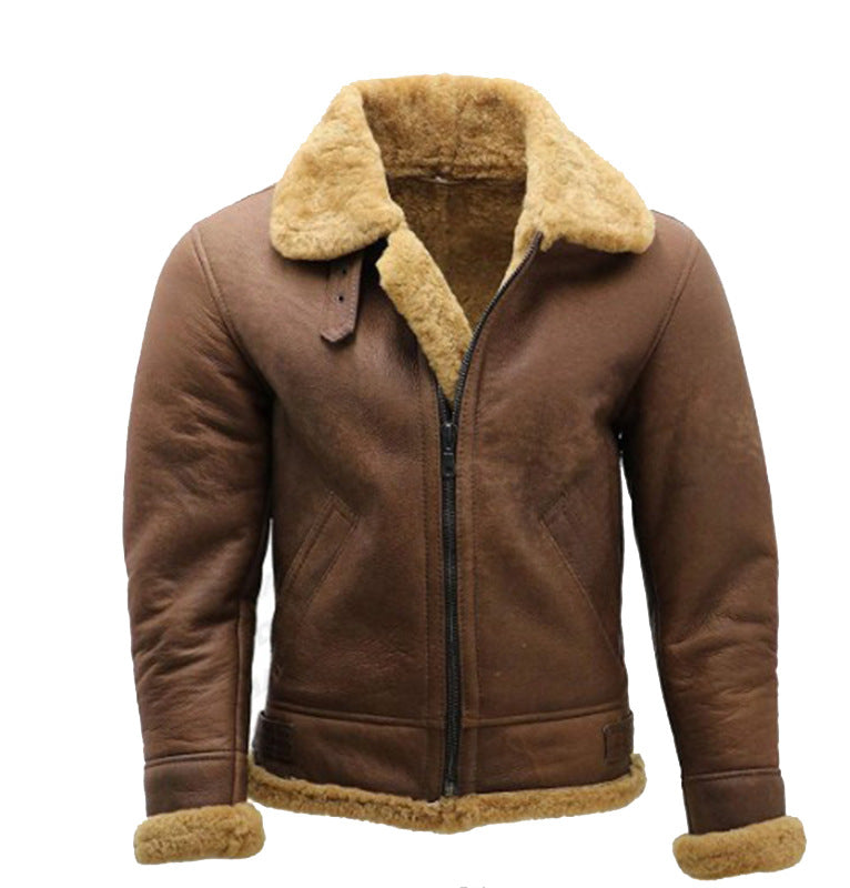 Blouson en cuir pour homme, chaud, avec doublure en fausse fourrure