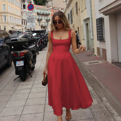 Robe longue femme élégante ligne A décolleté carré