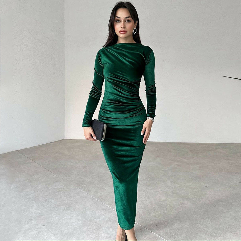 Robe longue élégante pour femme à manches longues, coupe ajustée, effet drapé
