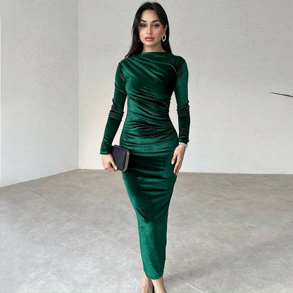 Robe longue élégante pour femme à manches longues, coupe ajustée, effet drapé