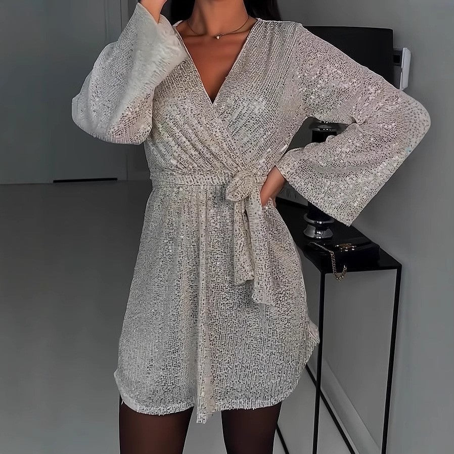Robe de soirée scintillante femme élégante col en V