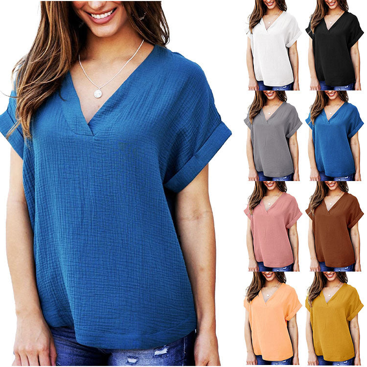 Damen T-Shirt Lässig V-Ausschnitt Lockeres Design - IdealeKleiden