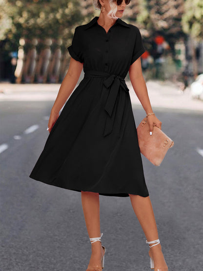 Robe Femme Longueur Genou avec Ceinture et Col V Élégante