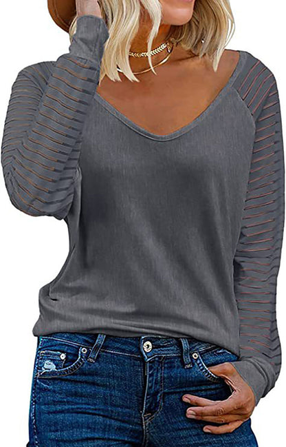 Haut Femme Manches Longues Col V Rayures Manches Tendance