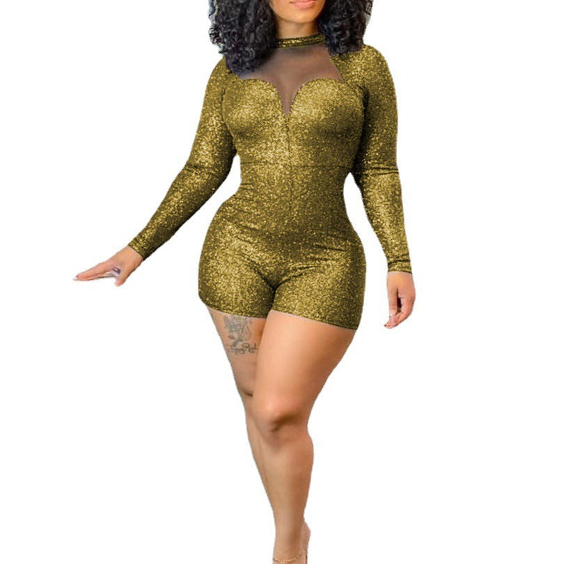 Damen Glitzer Overall mit transparenten Ausschnitten Abendkleid - IdealeKleiden