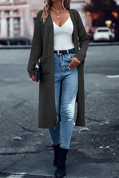 Gilet long en maille à manches longues avec poches pour femme