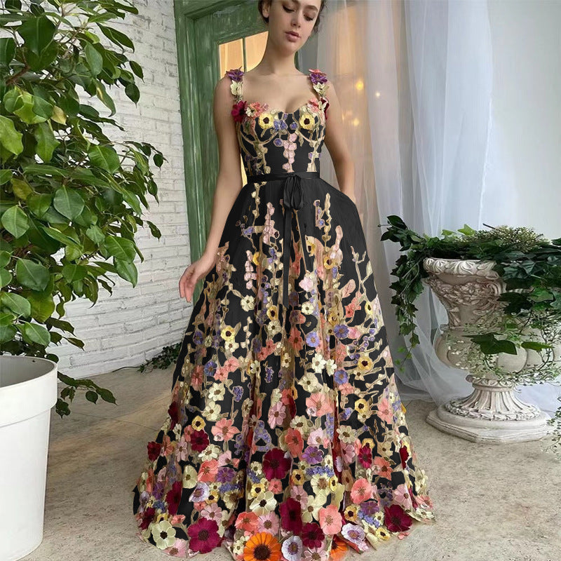 Robe en tulle pour femme motif floral avec ceinture à la taille Élégante coupe trapèze