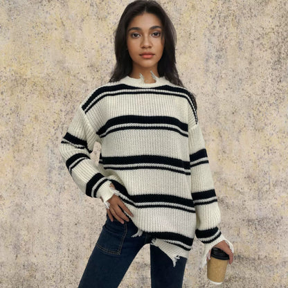 Pull-over oversized en maille de laine à rayures contrastantes